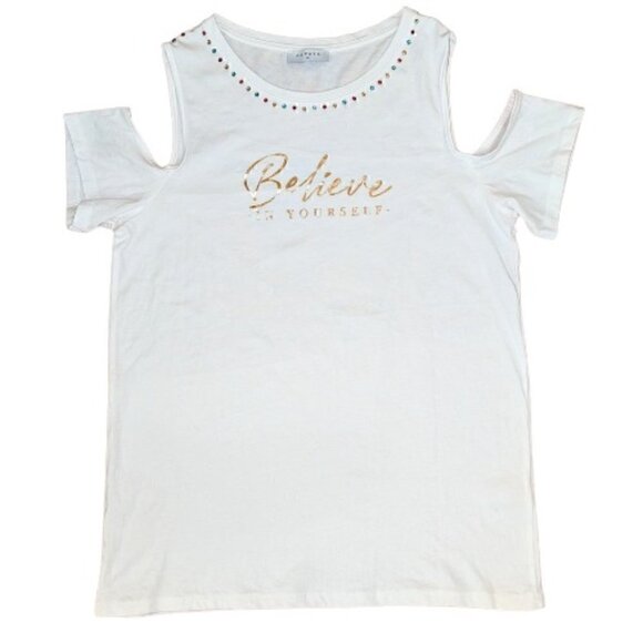 Multi Colored Rhinestone Crew Neck T-Shirt  w/ cut-out shoulders - Picture 1 of 4